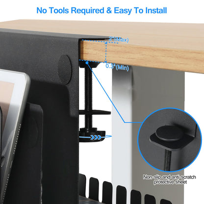 Clamp-On Double-Layer Under-Desk Organizer | No-Drill Desk-Side File Storage Rack with Cable Management Tray, Pen Holders & Tablet Organizer