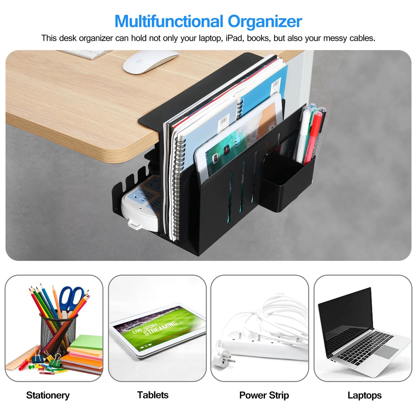 Clamp-On Double-Layer Under-Desk Organizer | No-Drill Desk-Side File Storage Rack with Cable Management Tray, Pen Holders & Tablet Organizer