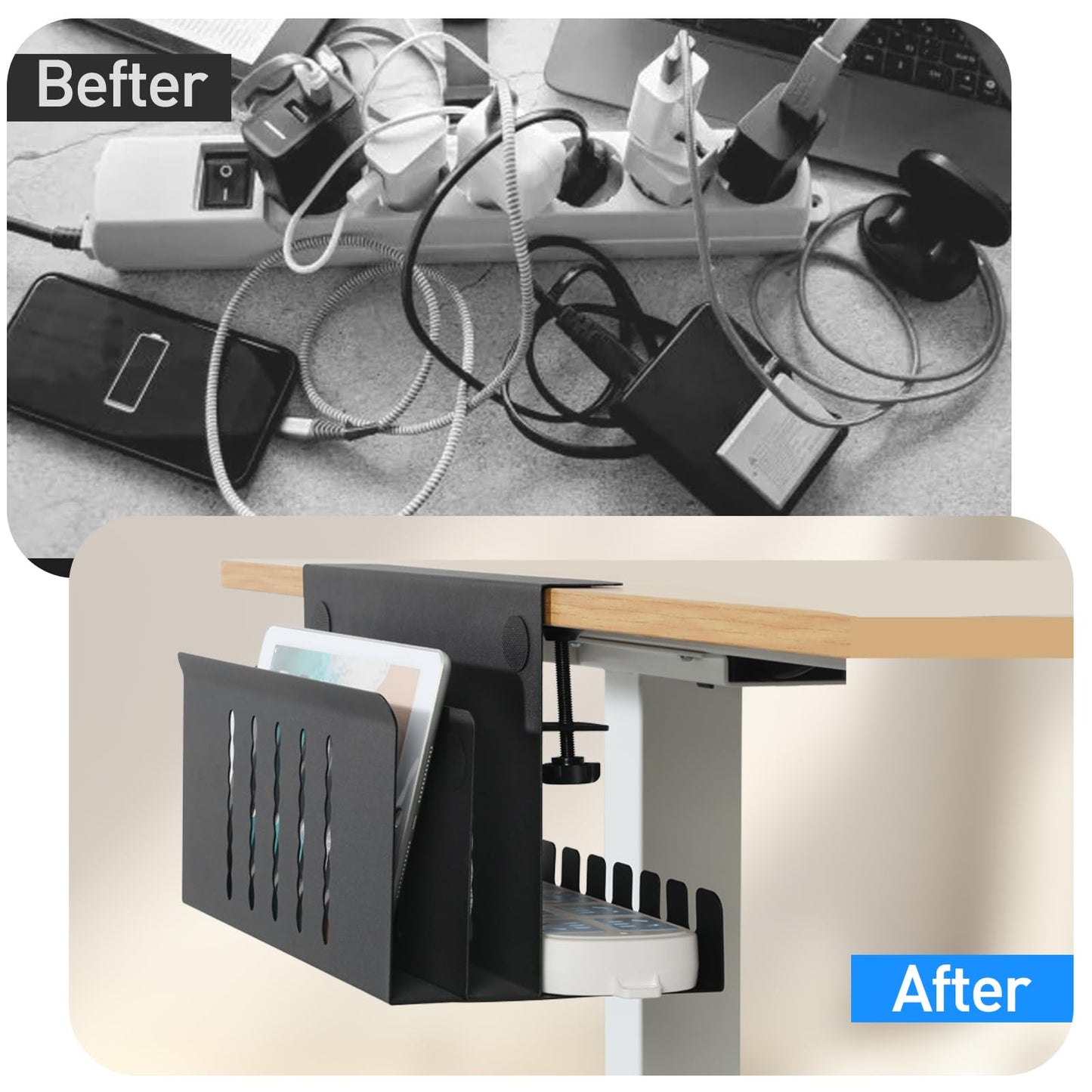 Clamp-On Double-Layer Under-Desk Organizer | No-Drill Desk-Side File Storage Rack with Cable Management Tray, Pen Holders & Tablet Organizer