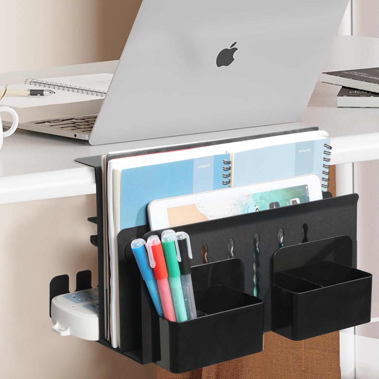 Clamp-On Double-Layer Under-Desk Organizer | No-Drill Desk-Side File Storage Rack with Cable Management Tray, Pen Holders & Tablet Organizer
