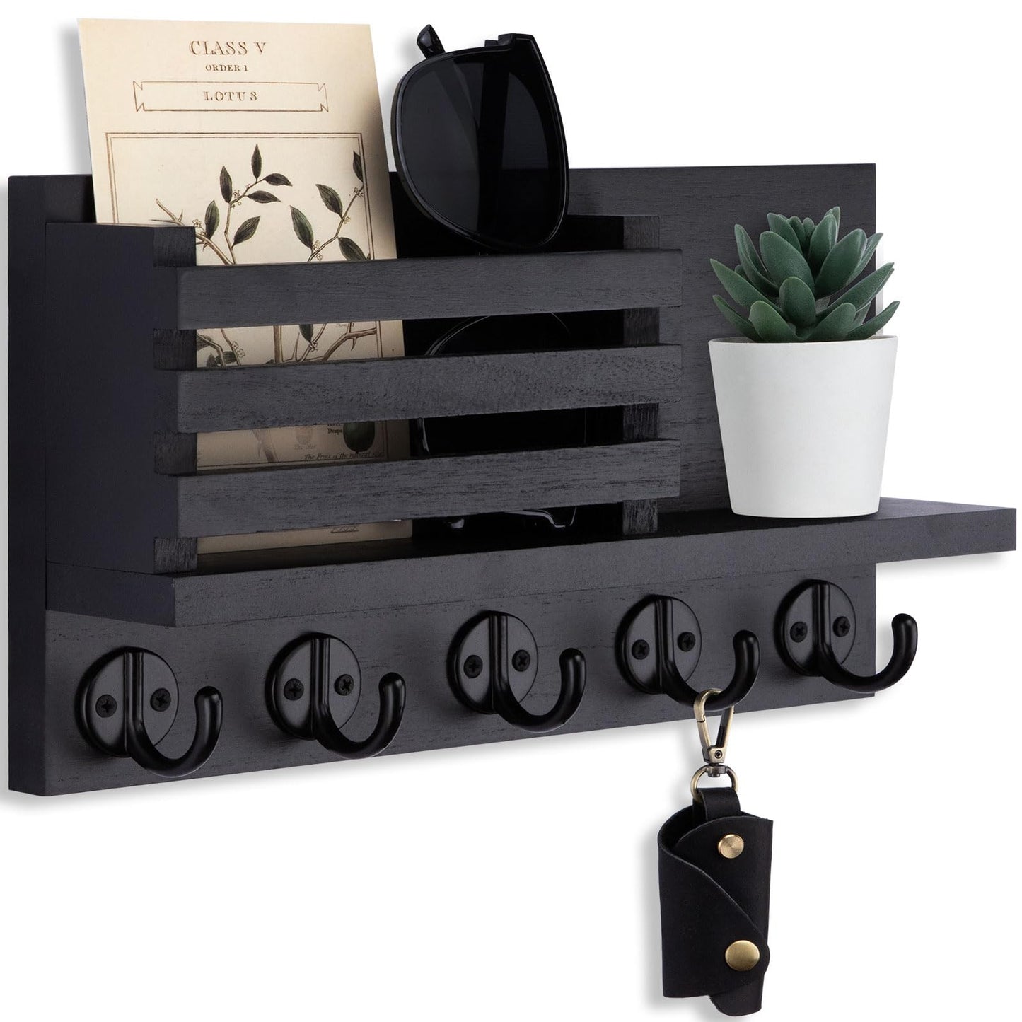 Wall-Mounted Key & Mail Organizer | Entryway Key Holder with 5 Hooks and Mail Slots, 11.8-Inch Wall Organizer for Wallets, Letters & Everyday Essentials