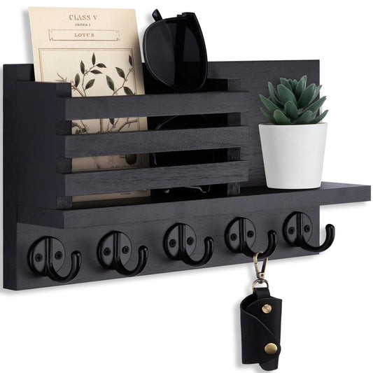 Wall-Mounted Key & Mail Organizer | Entryway Key Holder with 5 Hooks and Mail Slots, 11.8-Inch Wall Organizer for Wallets, Letters & Everyday Essentials