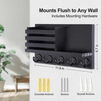 Wall-Mounted Key & Mail Organizer | Entryway Key Holder with 5 Hooks and Mail Slots, 11.8-Inch Wall Organizer for Wallets, Letters & Everyday Essentials