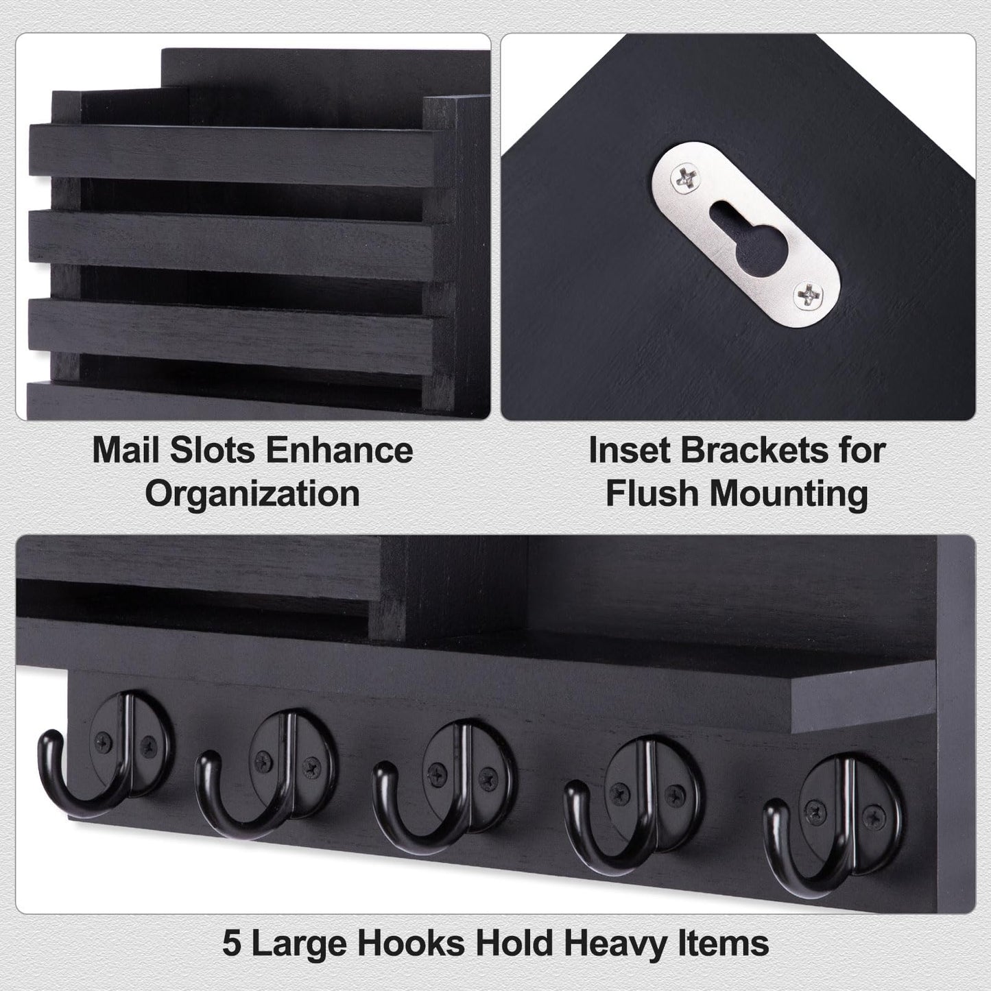 Wall-Mounted Key & Mail Organizer | Entryway Key Holder with 5 Hooks and Mail Slots, 11.8-Inch Wall Organizer for Wallets, Letters & Everyday Essentials