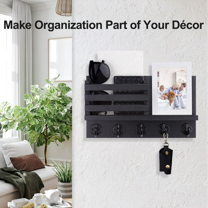Wall-Mounted Key & Mail Organizer | Entryway Key Holder with 5 Hooks and Mail Slots, 11.8-Inch Wall Organizer for Wallets, Letters & Everyday Essentials