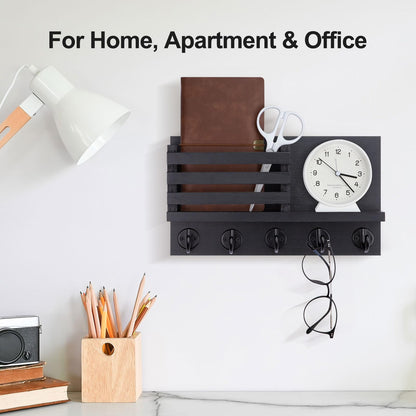 Wall-Mounted Key & Mail Organizer | Entryway Key Holder with 5 Hooks and Mail Slots, 11.8-Inch Wall Organizer for Wallets, Letters & Everyday Essentials