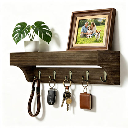 Wooden Wall-Mounted Key Holder with Shelf | 5-Hook Entryway Organizer, 14-Inch Wall Shelf for Mail, Wallets, Hats & Everyday Essentials