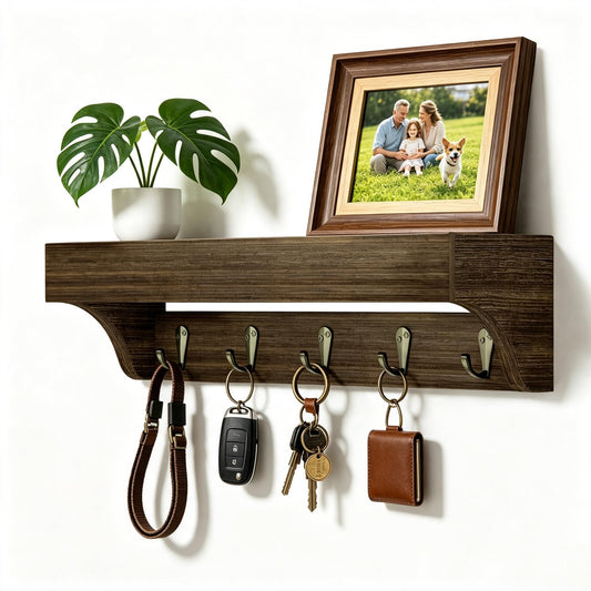 Wooden Wall-Mounted Key Holder with Shelf | 5-Hook Entryway Organizer, 14-Inch Wall Shelf for Mail, Wallets, Hats & Everyday Essentials