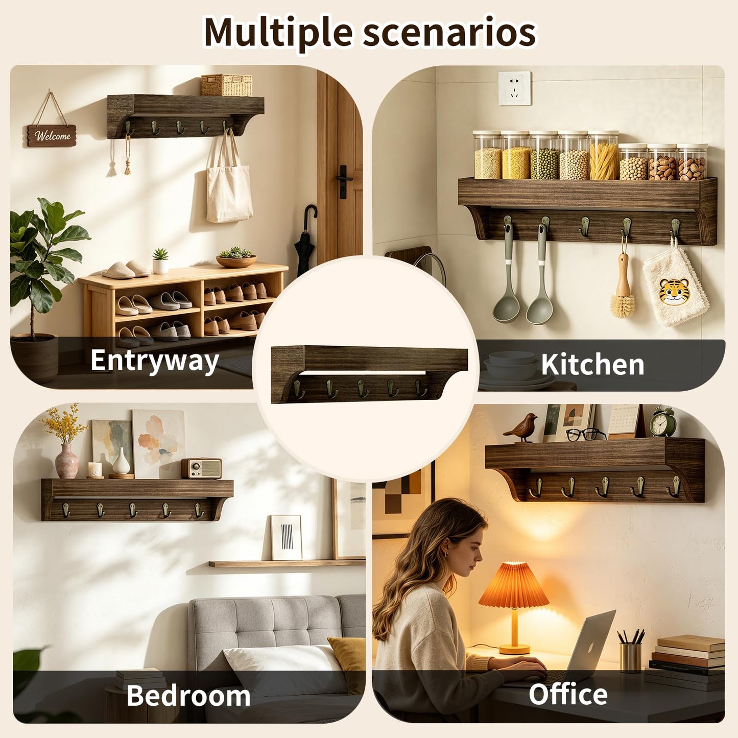 Wooden Wall-Mounted Key Holder with Shelf | 5-Hook Entryway Organizer, 14-Inch Wall Shelf for Mail, Wallets, Hats & Everyday Essentials