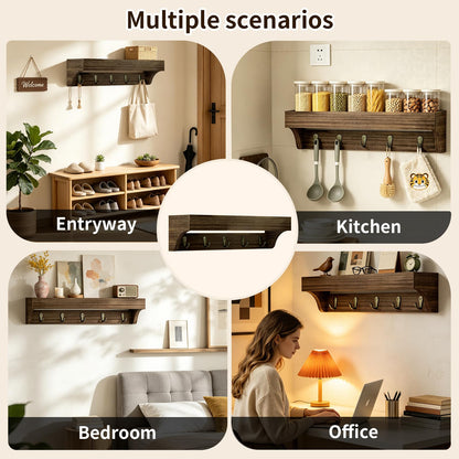 Wooden Wall-Mounted Key Holder with Shelf | 5-Hook Entryway Organizer, 14-Inch Wall Shelf for Mail, Wallets, Hats & Everyday Essentials