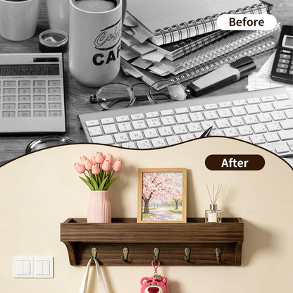 Wooden Wall-Mounted Key Holder with Shelf | 5-Hook Entryway Organizer, 14-Inch Wall Shelf for Mail, Wallets, Hats & Everyday Essentials