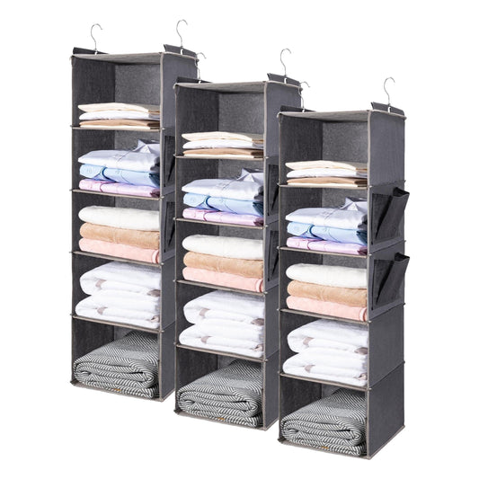 6-Tier Hanging Closet Organizer | Foldable Wardrobe Storage Shelves for Clothes, Sweaters & Pants, 3-Pack Space-Saving Closet Organizer for Bedroom & Dorm
