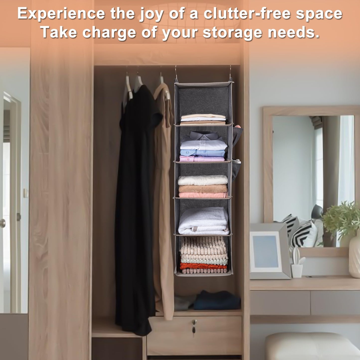 6-Tier Hanging Closet Organizer | Foldable Wardrobe Storage Shelves for Clothes, Sweaters & Pants, 3-Pack Space-Saving Closet Organizer for Bedroom & Dorm