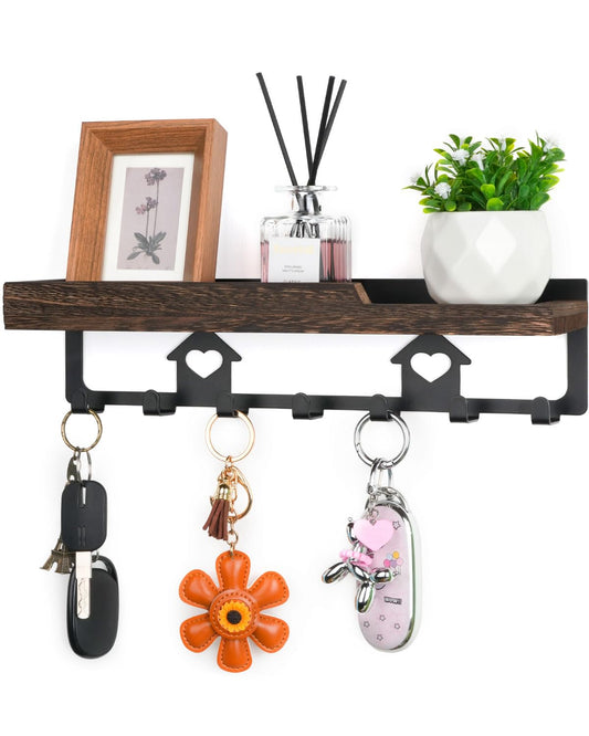 7-Hook Wooden Wall-Mounted Key Holder | Entryway Key Organizer with Shelf, No-Drill / Screw-Mount Wall Hook Rack