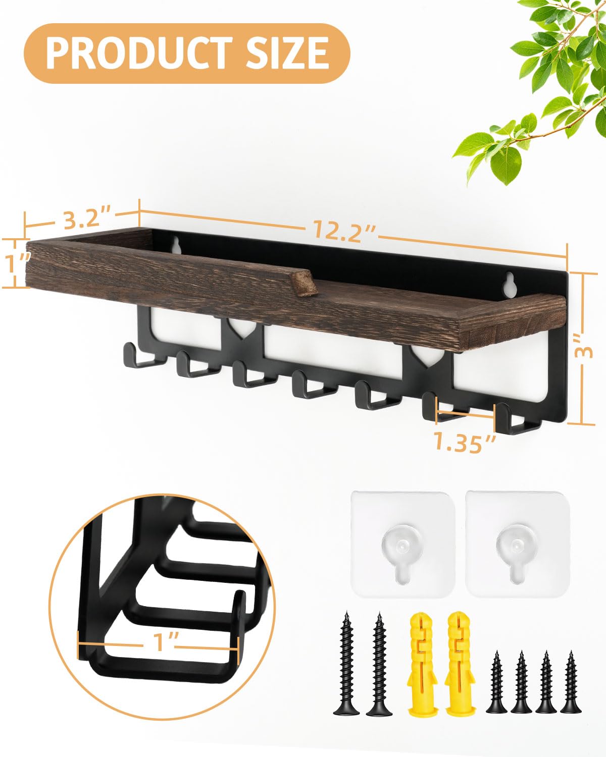 7-Hook Wooden Wall-Mounted Key Holder | Entryway Key Organizer with Shelf, No-Drill / Screw-Mount Wall Hook Rack