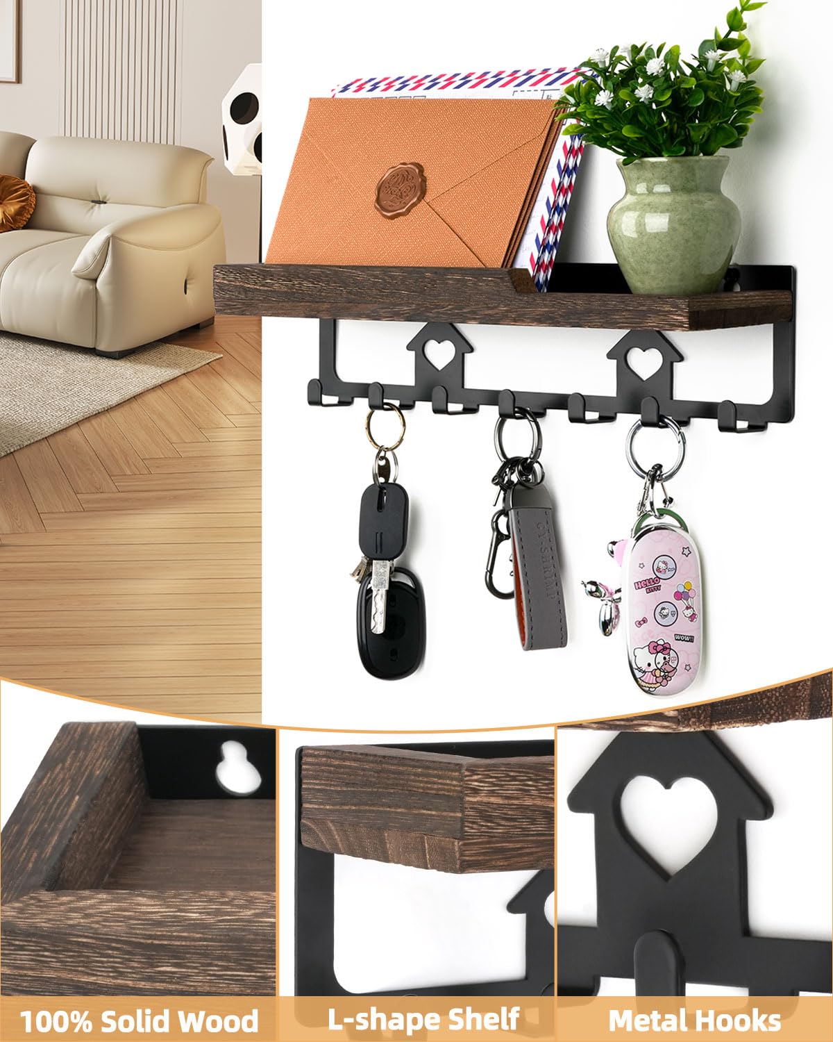 7-Hook Wooden Wall-Mounted Key Holder | Entryway Key Organizer with Shelf, No-Drill / Screw-Mount Wall Hook Rack