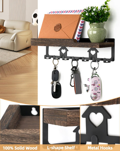 7-Hook Wooden Wall-Mounted Key Holder | Entryway Key Organizer with Shelf, No-Drill / Screw-Mount Wall Hook Rack
