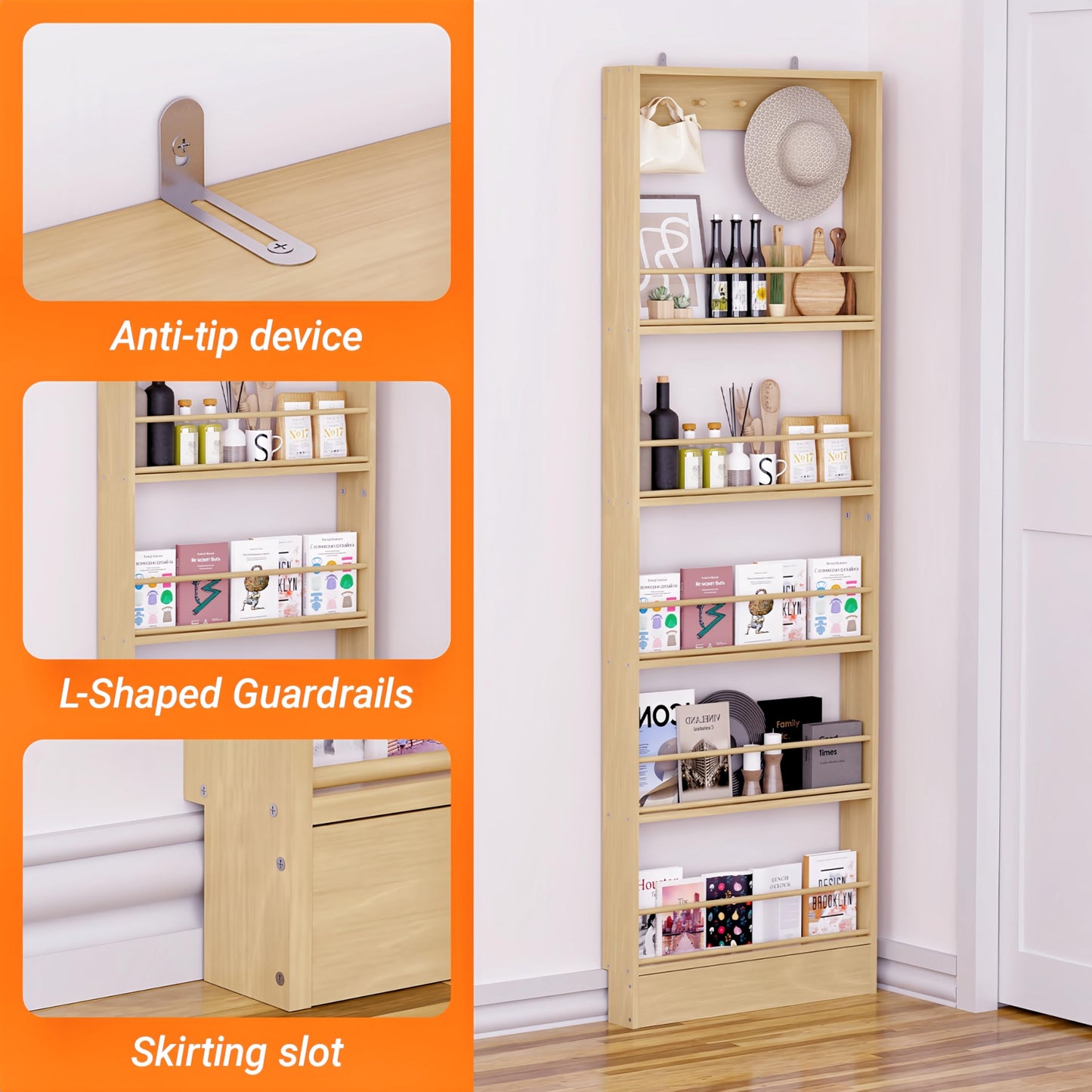 72-Inch Slim Freestanding Storage Shelf | Multi-Tier Kitchen & Living Room Organizer, Space-Saving Narrow Shelving Unit with Anti-Tip Design