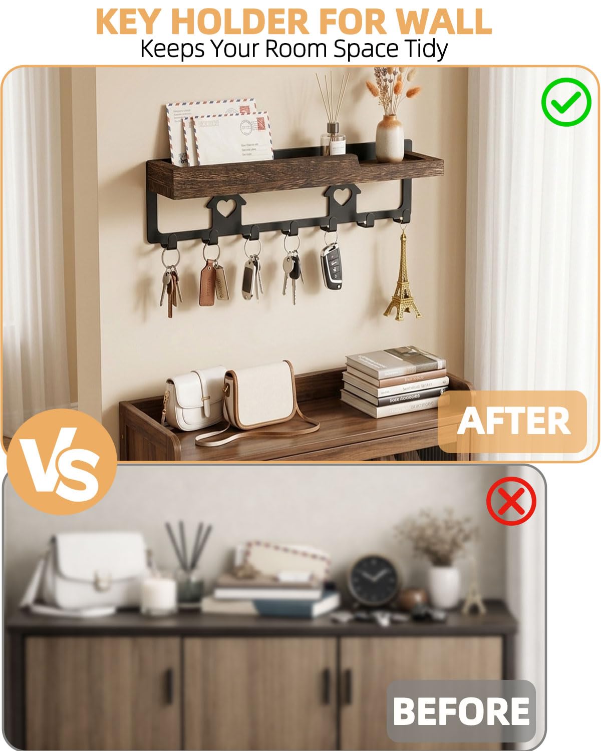 7-Hook Wooden Wall-Mounted Key Holder | Entryway Key Organizer with Shelf, No-Drill / Screw-Mount Wall Hook Rack