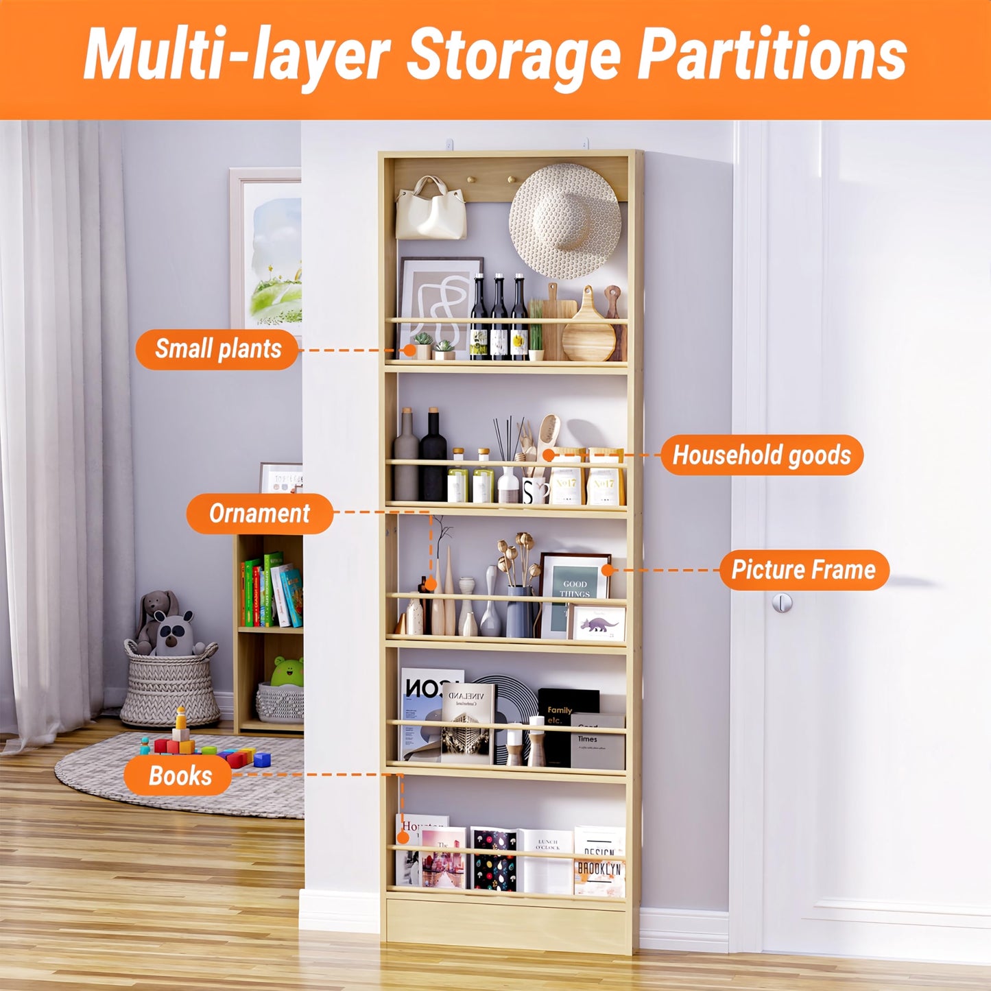 72-Inch Slim Freestanding Storage Shelf | Multi-Tier Kitchen & Living Room Organizer, Space-Saving Narrow Shelving Unit with Anti-Tip Design