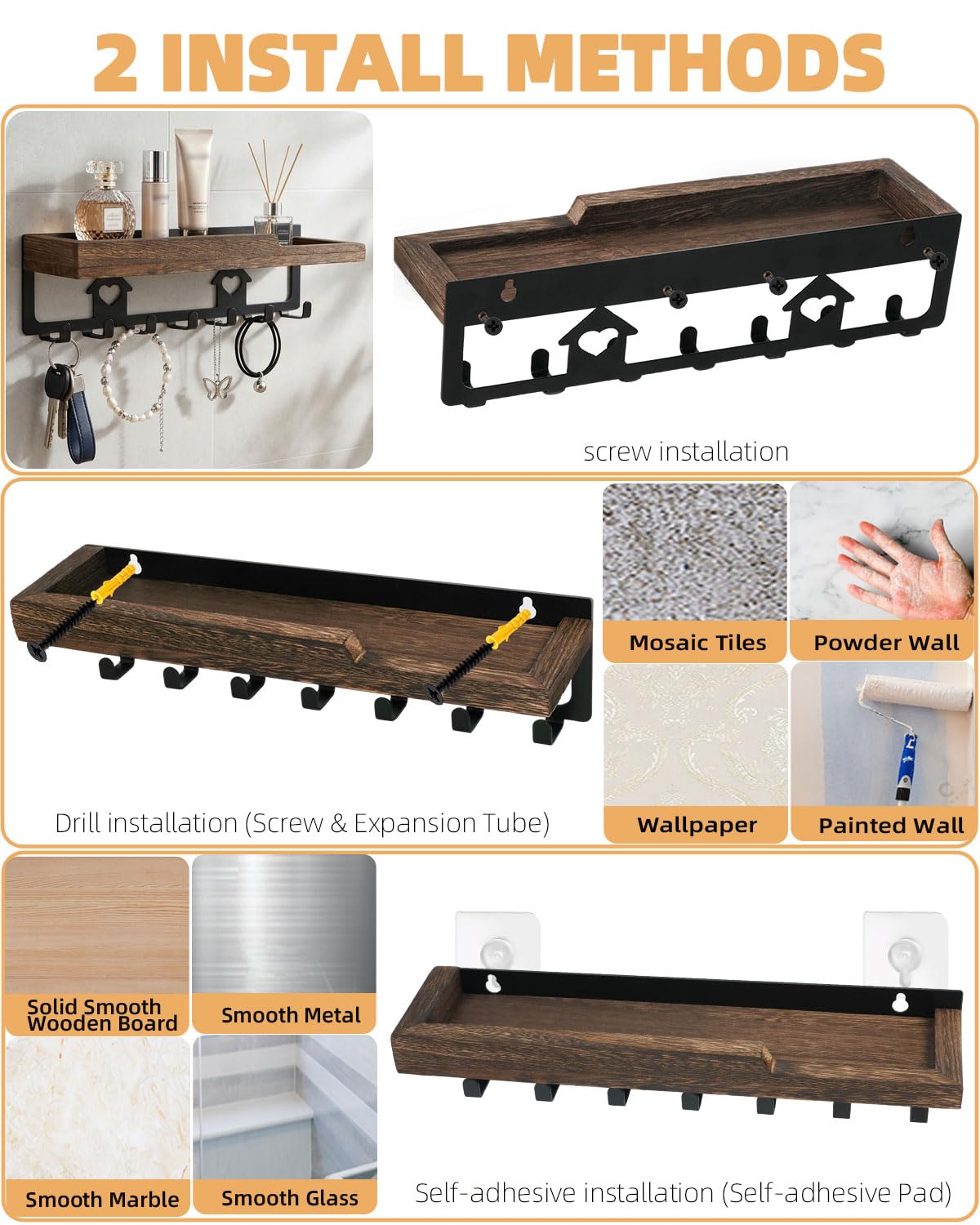 7-Hook Wooden Wall-Mounted Key Holder | Entryway Key Organizer with Shelf, No-Drill / Screw-Mount Wall Hook Rack