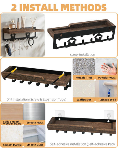 7-Hook Wooden Wall-Mounted Key Holder | Entryway Key Organizer with Shelf, No-Drill / Screw-Mount Wall Hook Rack