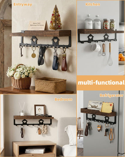 7-Hook Wooden Wall-Mounted Key Holder | Entryway Key Organizer with Shelf, No-Drill / Screw-Mount Wall Hook Rack