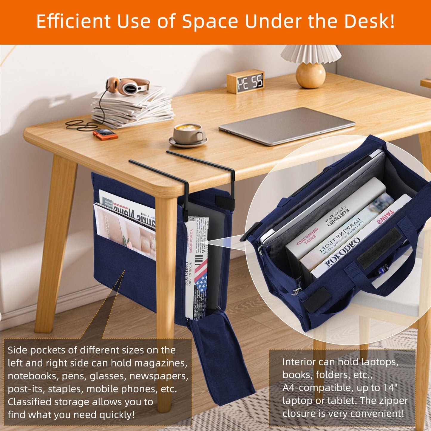 Under-Desk Hanging Storage Bag | No-Drill Side Desk Organizer for Files, Laptop, Books & Office Essentials, Detachable Carry Bag