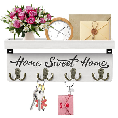 Home Sweet Home Wooden Wall-Mounted Key Holder | Entryway Key Organizer with 4 Hooks and Shelf, 14.7-Inch Wall Storage Rack for Mail, Wallets & Everyday Essentials
