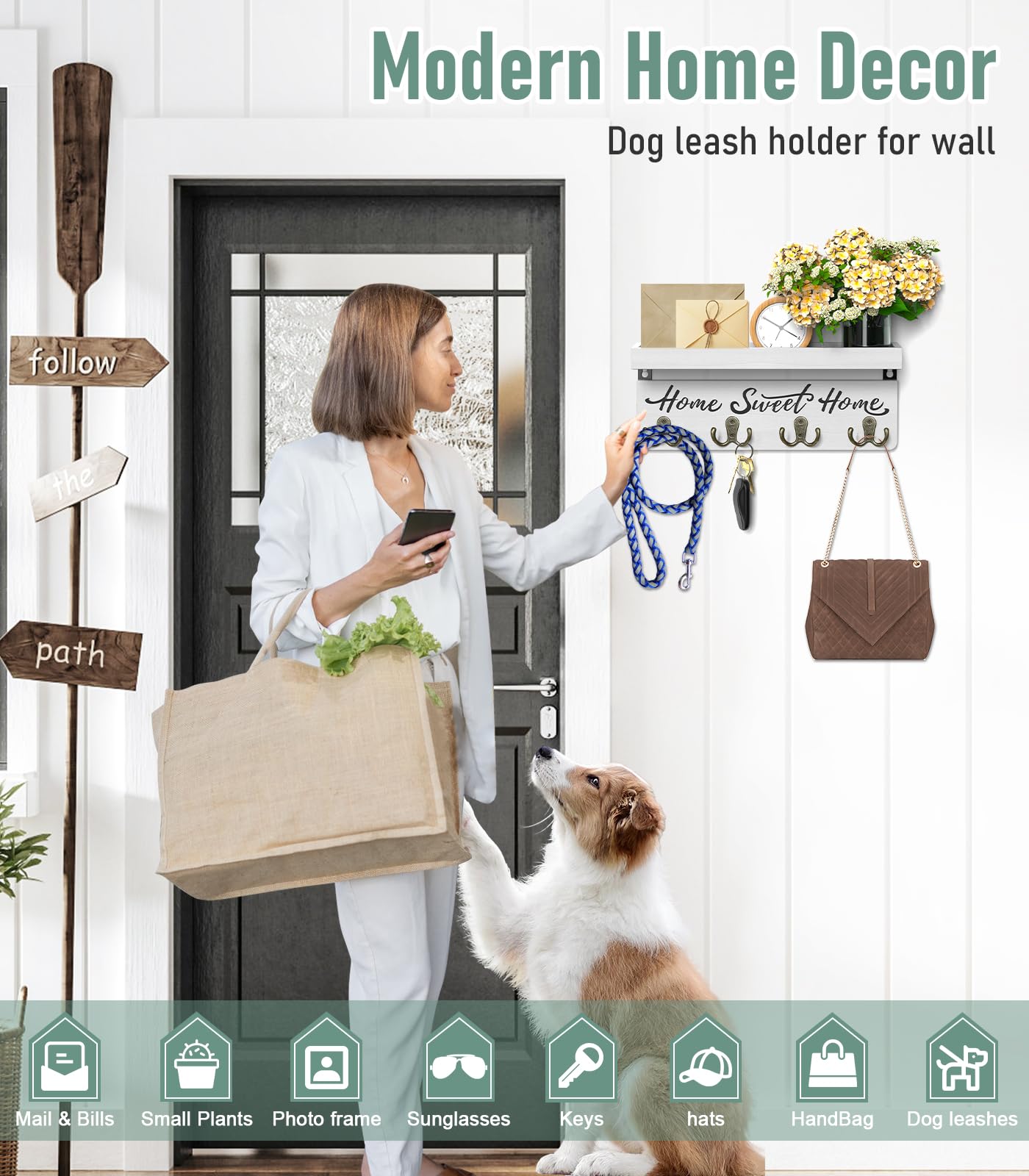 Home Sweet Home Wooden Wall-Mounted Key Holder | Entryway Key Organizer with 4 Hooks and Shelf, 14.7-Inch Wall Storage Rack for Mail, Wallets & Everyday Essentials