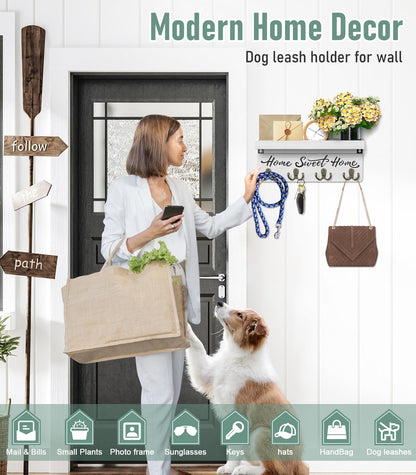 Home Sweet Home Wooden Wall-Mounted Key Holder | Entryway Key Organizer with 4 Hooks and Shelf, 14.7-Inch Wall Storage Rack for Mail, Wallets & Everyday Essentials