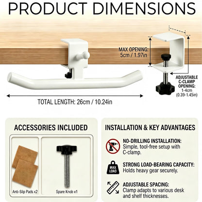 Heavy-Duty 80LB Clamp-On Desk Hook | Rotatable No-Drill Headphone and Backpack Hanger for Under-Desk Bag Storage