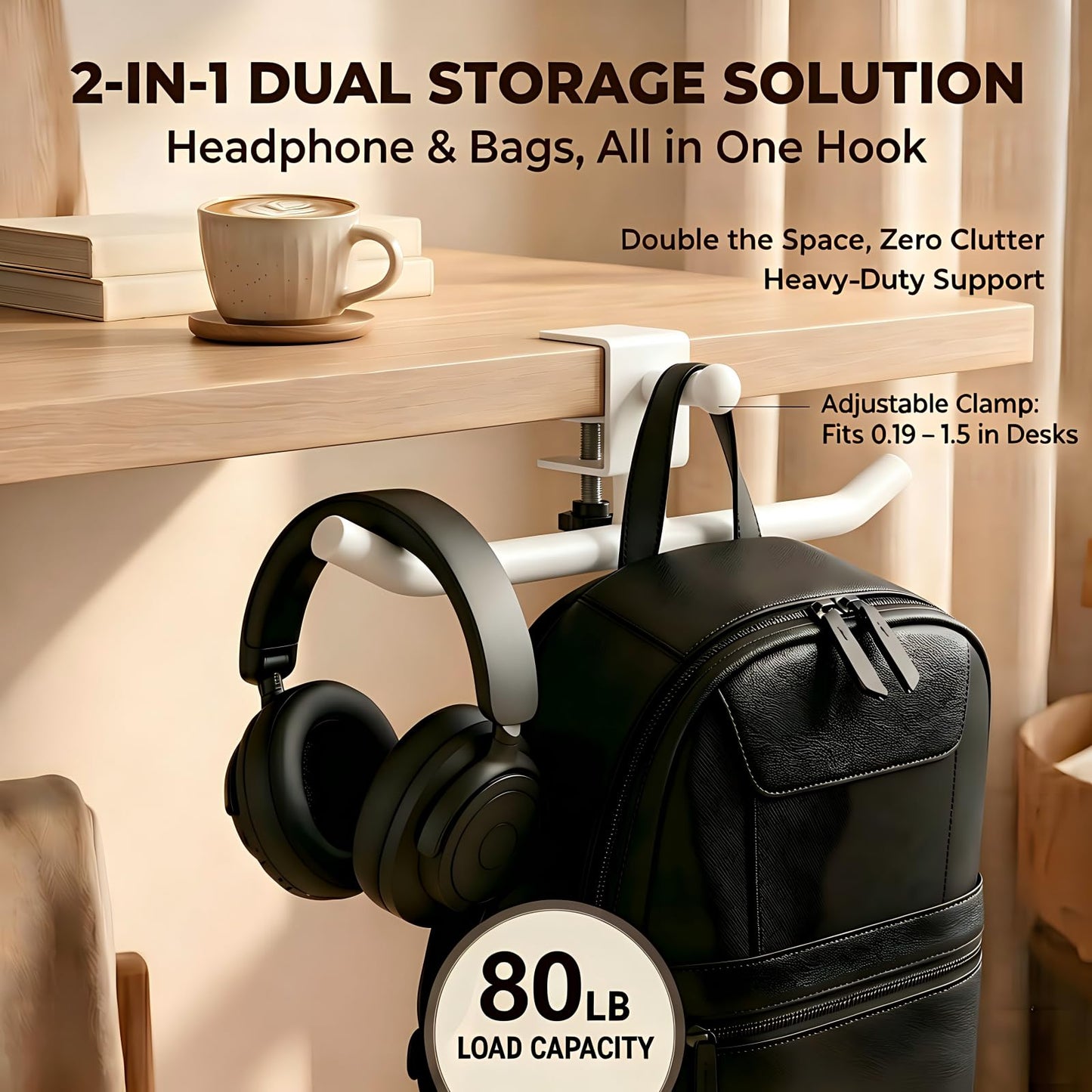 Heavy-Duty 80LB Clamp-On Desk Hook | Rotatable No-Drill Headphone and Backpack Hanger for Under-Desk Bag Storage