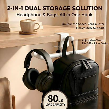 Heavy-Duty 80LB Clamp-On Desk Hook | Rotatable No-Drill Headphone and Backpack Hanger for Under-Desk Bag Storage