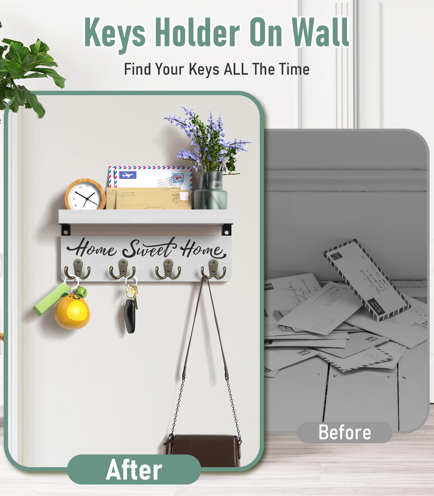 Home Sweet Home Wooden Wall-Mounted Key Holder | Entryway Key Organizer with 4 Hooks and Shelf, 14.7-Inch Wall Storage Rack for Mail, Wallets & Everyday Essentials