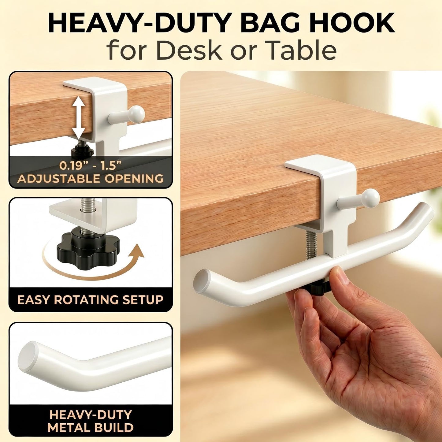 Heavy-Duty 80LB Clamp-On Desk Hook | Rotatable No-Drill Headphone and Backpack Hanger for Under-Desk Bag Storage