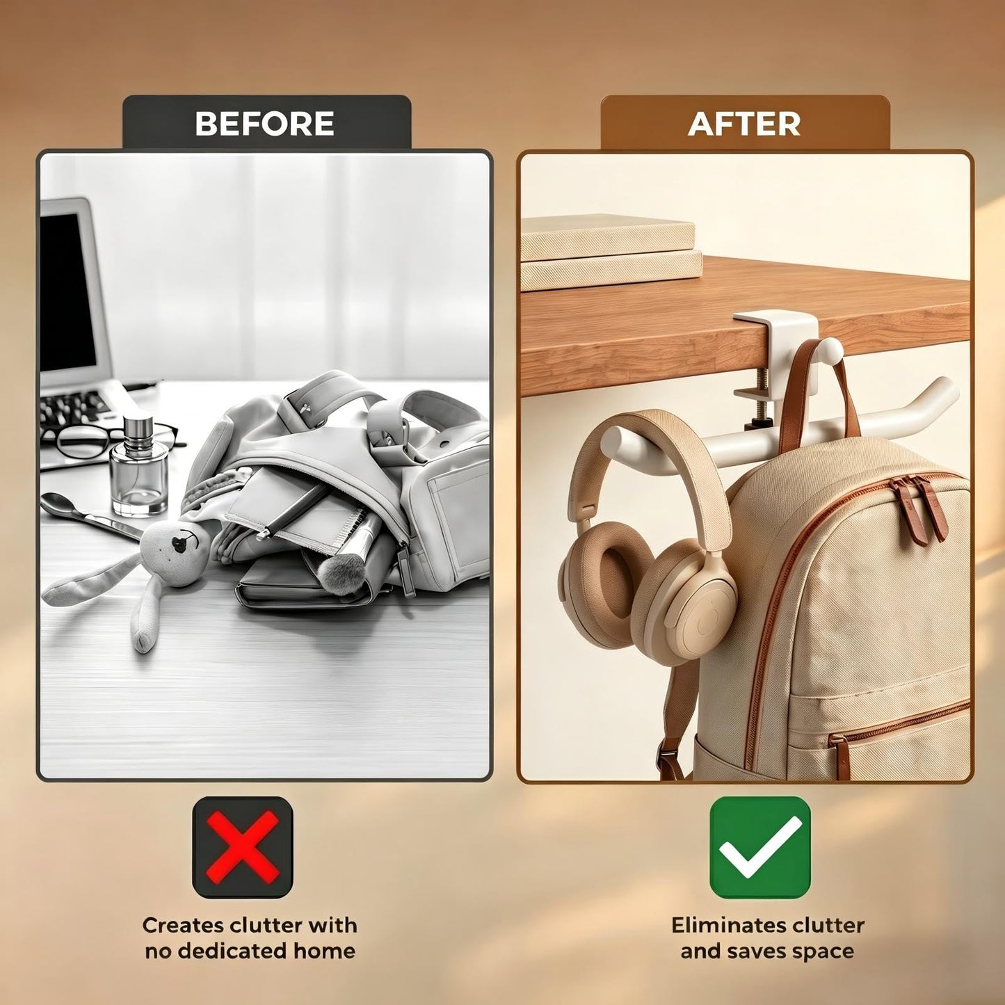 Heavy-Duty 80LB Clamp-On Desk Hook | Rotatable No-Drill Headphone and Backpack Hanger for Under-Desk Bag Storage
