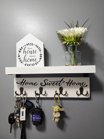 Home Sweet Home Wooden Wall-Mounted Key Holder | Entryway Key Organizer with 4 Hooks and Shelf, 14.7-Inch Wall Storage Rack for Mail, Wallets & Everyday Essentials