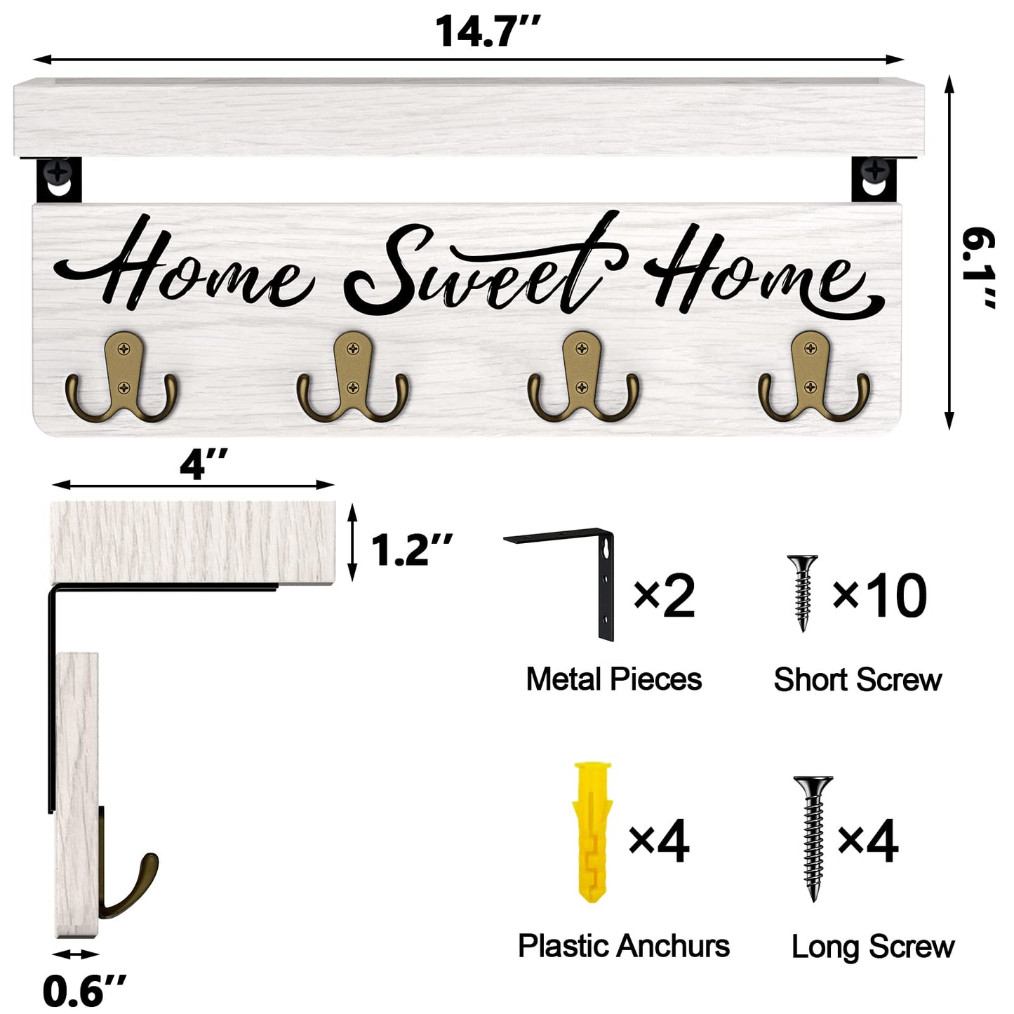 Home Sweet Home Wooden Wall-Mounted Key Holder | Entryway Key Organizer with 4 Hooks and Shelf, 14.7-Inch Wall Storage Rack for Mail, Wallets & Everyday Essentials