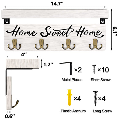 Home Sweet Home Wooden Wall-Mounted Key Holder | Entryway Key Organizer with 4 Hooks and Shelf, 14.7-Inch Wall Storage Rack for Mail, Wallets & Everyday Essentials