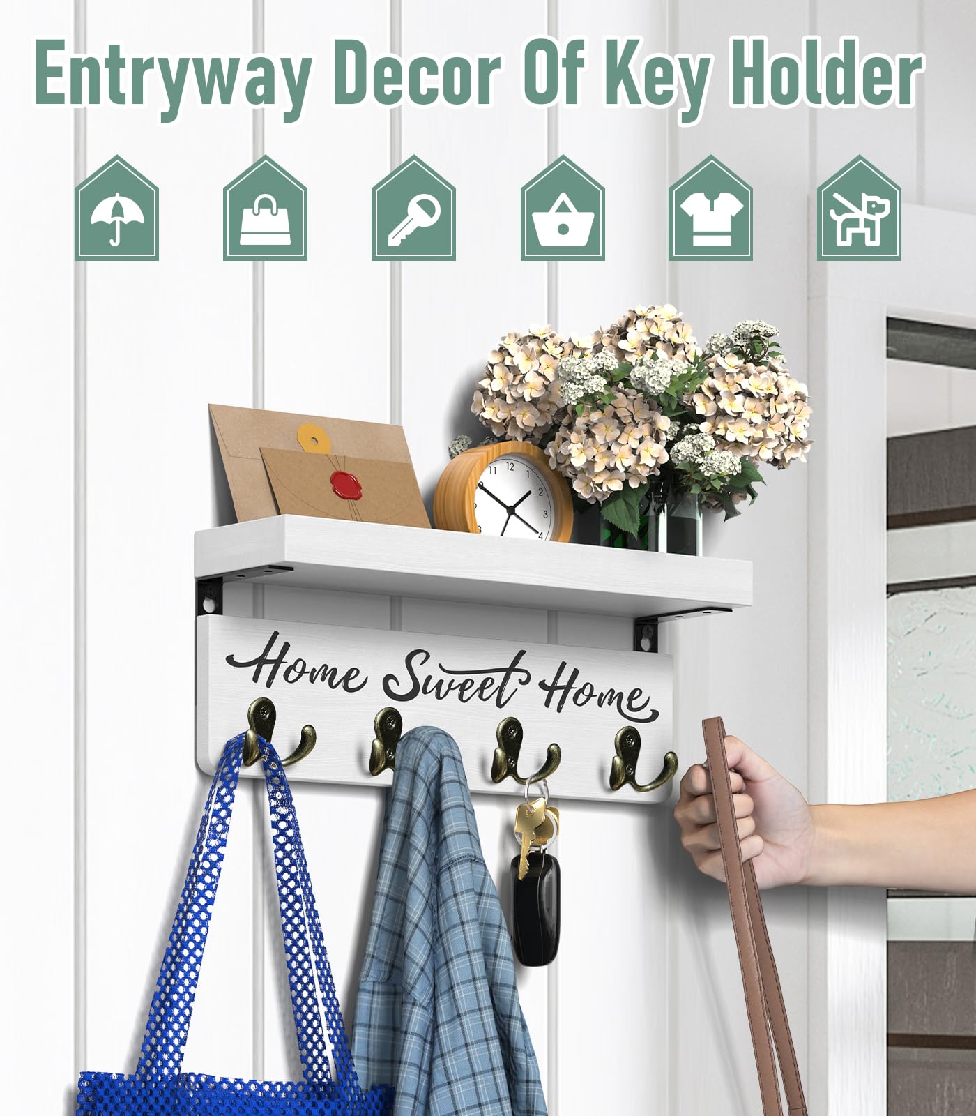 Home Sweet Home Wooden Wall-Mounted Key Holder | Entryway Key Organizer with 4 Hooks and Shelf, 14.7-Inch Wall Storage Rack for Mail, Wallets & Everyday Essentials