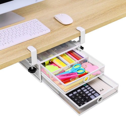 Clamp-On Double-Layer Under-Desk Drawer Organizer | No-Drill Office Desk Storage for Files & Stationery, Removable Dual-Drawer Organizer for A4 Documents