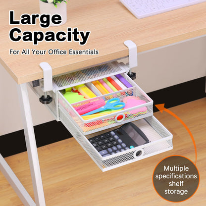 Clamp-On Double-Layer Under-Desk Drawer Organizer | No-Drill Office Desk Storage for Files & Stationery, Removable Dual-Drawer Organizer for A4 Documents