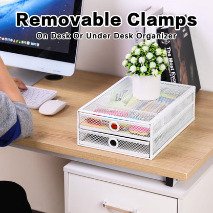 Clamp-On Double-Layer Under-Desk Drawer Organizer | No-Drill Office Desk Storage for Files & Stationery, Removable Dual-Drawer Organizer for A4 Documents
