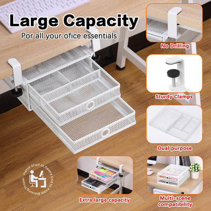 Clamp-On Double-Layer Under-Desk Drawer Organizer | No-Drill Office Desk Storage for Files & Stationery, Removable Dual-Drawer Organizer for A4 Documents