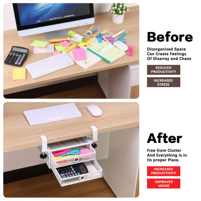 Clamp-On Double-Layer Under-Desk Drawer Organizer | No-Drill Office Desk Storage for Files & Stationery, Removable Dual-Drawer Organizer for A4 Documents
