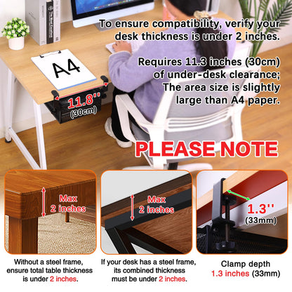 Clamp-On Double-Layer Under-Desk Drawer Organizer | No-Drill Office Desk Storage for Files & Stationery, Removable Dual-Drawer Organizer for A4 Documents