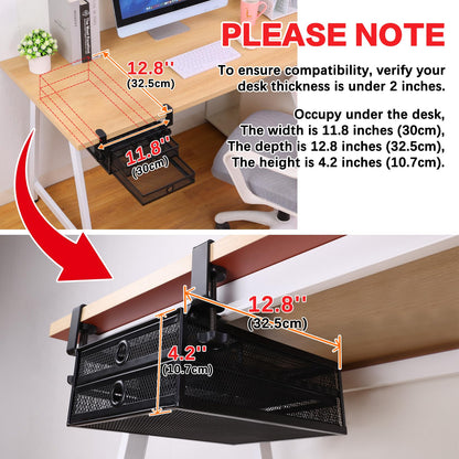 Clamp-On Double-Layer Under-Desk Drawer Organizer | No-Drill Office Desk Storage for Files & Stationery, Removable Dual-Drawer Organizer for A4 Documents
