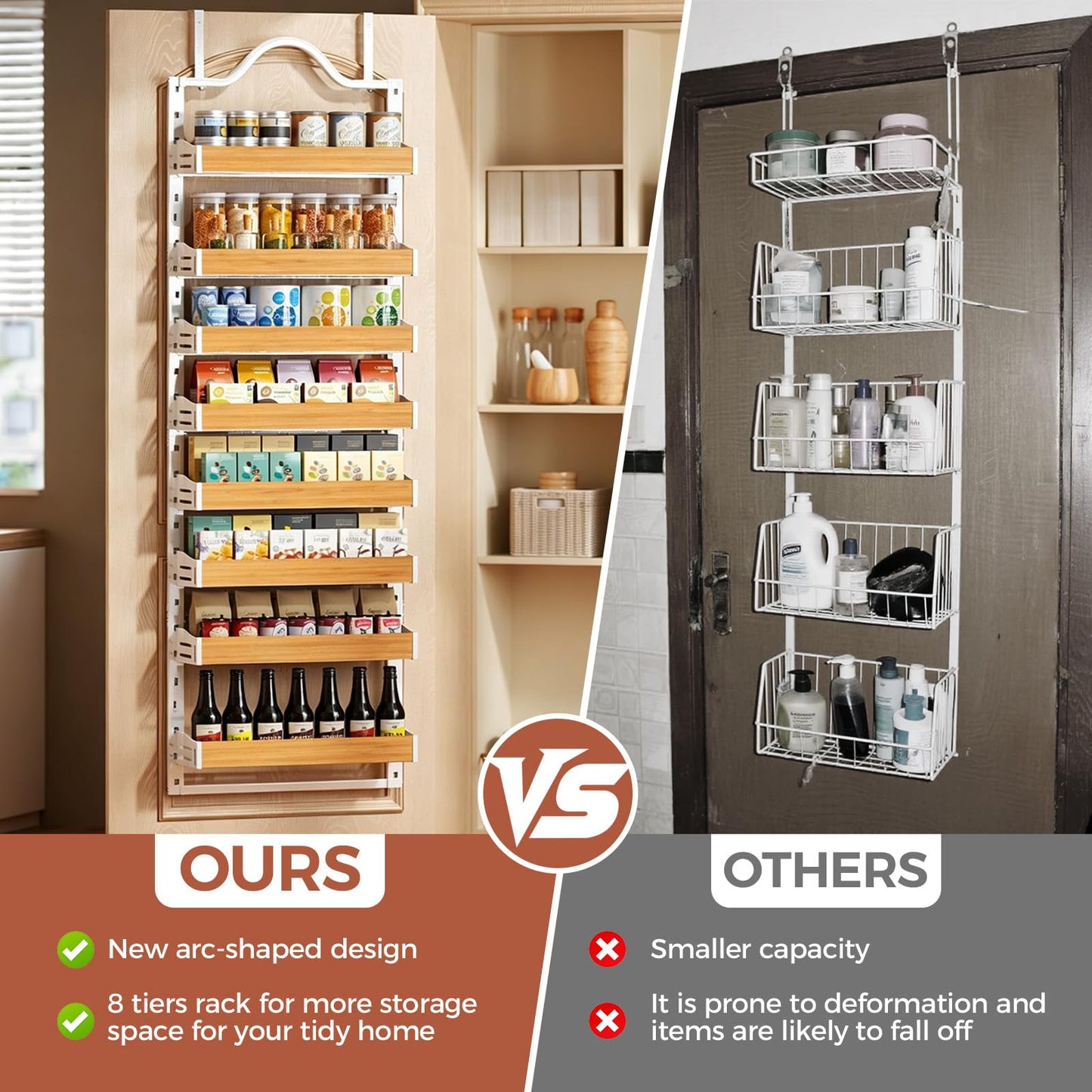 8-Tier Over-the-Door Storage Rack | Adjustable Pantry Door Organizer, Large-Capacity Spice, Snack & Kitchen Storage Shelf
