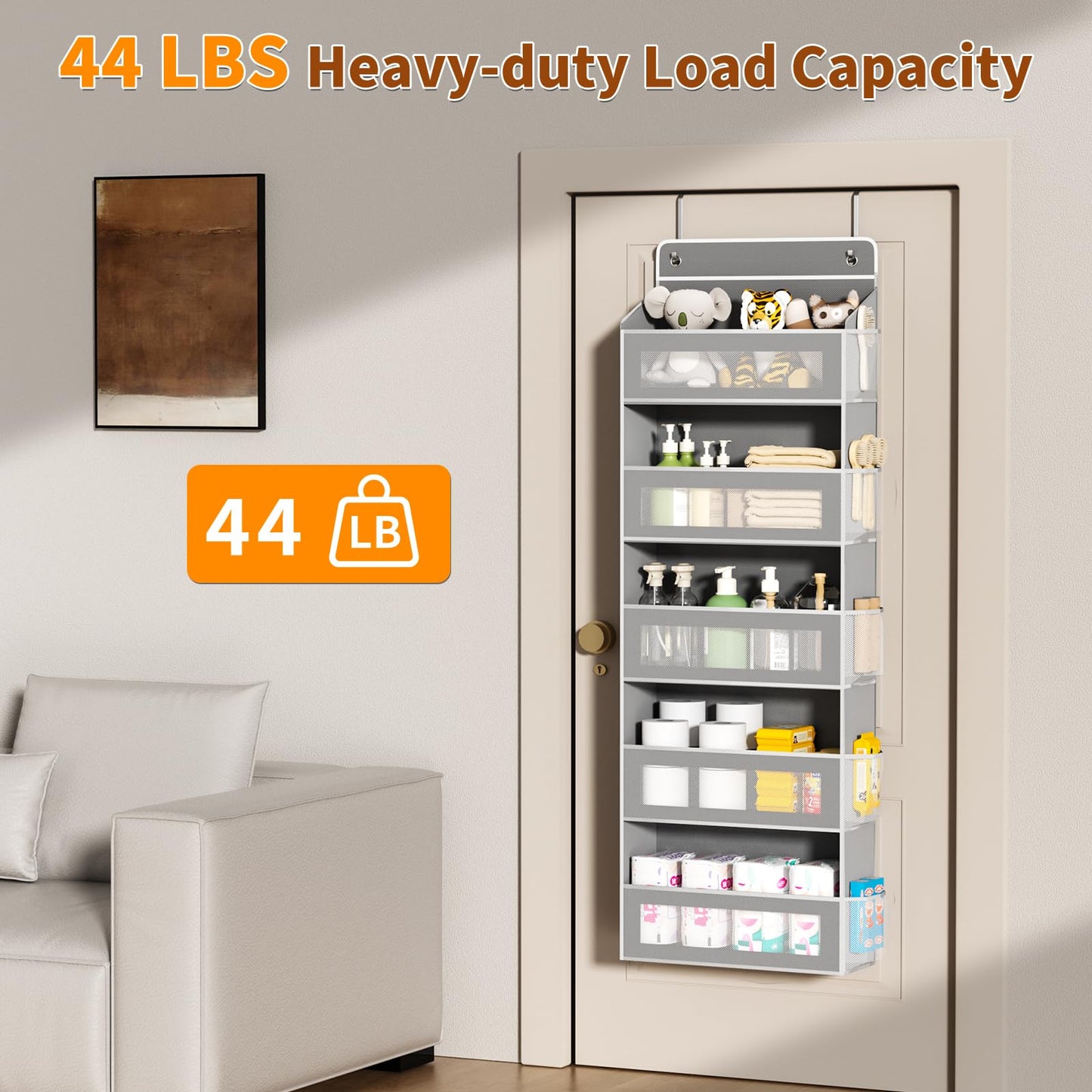 Over-the-Door Hanging Storage Organizer | 5 Large Pockets + 10 Side Pockets, 44LB Heavy-Duty Organizer for Bedroom, Bathroom & Nursery